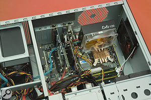 The Akasa Evo 120 CPU cooling system, with its large fan, is becoming a popular choice in PCs where low noise is important.