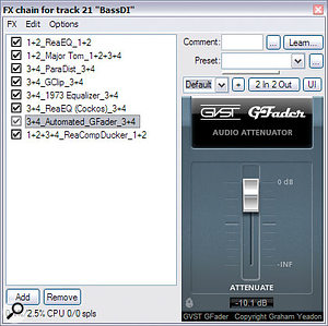 Here you can see how the processing was applied to the main bass DI part, using Reaper's routing facilities to incorporate the parallel distortion channels within the single mixer strip. Following EQ and compression plug-ins, the signal was split into two stereo streams (1+2 and 3+4). The latter was treated with two distortion plug-ins, two EQ plug-ins and an automated fader, before it was recombined with the original, undistorted signal. Finally, this mixed signal was sent to another compressor, which was used to duck the bass part by a few decibels whenever the kick drum played.