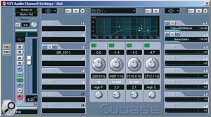 EQ and a very short SIR reverb were used to adjust the hi-hat sample's tonality, while two send effects widened the stereo picture, the first a chain of MDA's Detune and Cubase's internal Double Delay, and the second a chain of Cubase's Mod Delay and GVST's GStereo.