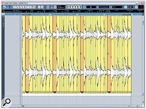 Because the loops were sliced, it was possible to rebalance some over-loud open hi-hat hits (the orange regions in the screenshot) in the song's middle section just by grabbing the region volume handles in Cubase's Part Editor.