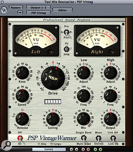 Some overall processing, including multi-band compression from Apple Logic's Multipressor and analogue emulation from PSP Audioware's Vintage Warmer, was applied to the main stereo mix buss to give a more polished sound.