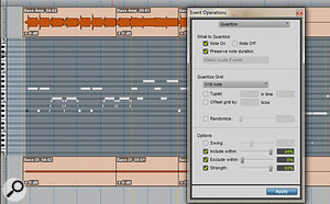 MIDI derived from the low synth-bass audio file (via Melodyne) was quantised to sit tightly with the live drums.