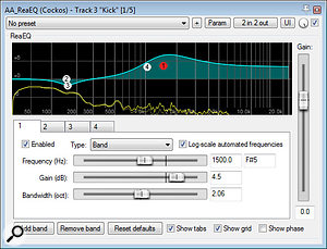 Three built-in Cockos Reaper plug-ins were used to tighten up a soft, woolly-sounding kick-drum track so that it fit better within the upbeat rhythmic context of the arrangement as a whole. ReaEQ was used to add upper-spectrum bite.