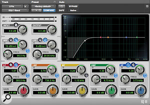 To mitigate any low-frequency problems arising from the less-than-ideal monitoring environment, 12dB/octave high-pass filtering was used as a  safety precaution on pretty much every track (as you can see in the top screenshot). However, these filters were also used in their 6dB/octave mode for low mid-range frequency tailoring (middle screenshot) or in 18dB/octave mode to remove unwanted subsonics from the bass part without unduly tampering with the balance of its note fundamentals.