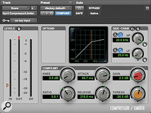 In the absence of any dedicated transient processor, Mike instead used this slow-attack compression setting to boost the snare close-mic's attack.