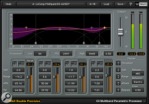 Even if you use a complex multi-band compressor such as the Waves C4 (above), it's still worth following it with a dedicated peak limiter, such as the Waves L1, to avoid digital overloads.