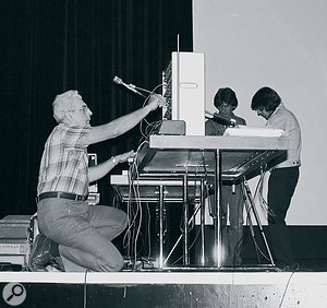 Bob Moog prepares to demonstrate the revolutionary new technology 'MIDI' in Vancouver, 1983.