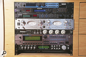 The main outboard rack at Spirit Dance Studios, with Lexicon PCM91 reverb, Ensoniq DP Pro and Digitech TSR24 effects, Avalon AD2022 dual preamp, Empirical Labs Distressor compressor, Roland XV5080 and Emu Proteus 2000 sound modules.