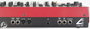 Stripped down to the essentials: the rear panel of the Nord Wave, featuring MIDI In and Out, stereo audio outs, pedal connections, headphone socket and USB port for computer interfacing.