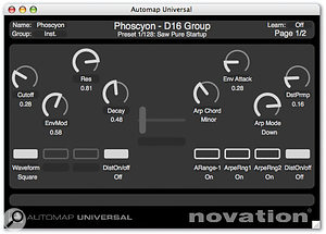 The Nocturn's HUD (Heads Up Display) window, right, gives you a quick overview of which parameters the controls are assigned to; in this case, D16's Phoscyon 303 emulation. The bar along the bottom of the plug-in screen appears in all Automap wrapped plug-ins.