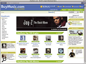 Apple's iTunes Music Store (above) has been a big commercial hit, but its very success has ensured that a crowd of competitors are now starting up, eager for a piece of the on-line action, such as the relaunched Napster 2 (top left) and Buymusic.com (below).