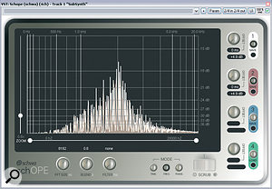 Even if you use EQ to carefully isolate only a specific frequency region of your pad, the pitches of the notes you use still have a dramatic effect on the density of the harmonics added. For example, in these two screenshots, EQ has been used to restrict a synth sound to a narrow band of mid-range frequencies, but you can still clearly see the difference in harmonics spacing when the same chord is played in two different registers several octaves apart.