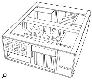 This engineering drawing shows the rear of the PaQ (Powerful and Quiet) case, which is extremely quiet. You can see the perforations of the acoustic mufflers mounted on both front and rear panels, and two of the three low-speed, low-noise 120mm case fans halfway across the case.