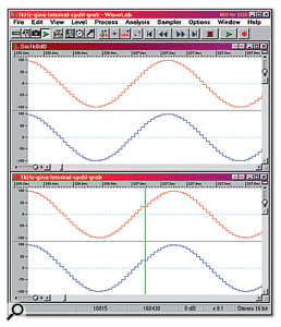 When transferring Minidisc or DAT recordings, glitches due to incorrect clock settings can be tracked down by recording a simple 10kHz sine wave signal, which makes hearing the tell-tale 'ticks' due to missed samples a lot easier (the 1kHz sinewave shown here makes it easier to see the missed sample, as in the lower window, but faults will be far easier to hear at 10kHz).