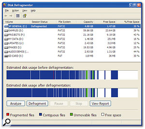 The Disk Defragmenter utility bundled with Windows XP.