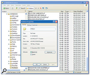 Don't be tempted to delete the contents of the Windows XP Pre-fetch folder. As you can see here, its PF files are only tiny (on my computer, 105 of them occupy less than 5MB), they are updated regularly, and they significantly speed up the launch of your applications if left well alone.