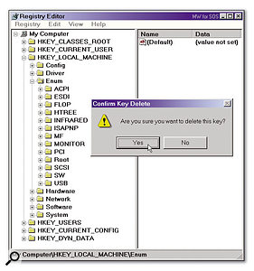 To install a new motherboard 'over the top' of an existing Windows 98/ME partition, you need to delete this Enum folder within the Registry just before removing the old motherboard.