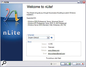 If your Windows CD-ROM is an older version, you can easily and legitimately integrate your choice of Service Packs and create a new bootable 'slipstream' CD-ROM, or even (using nLite, shown here) incorporate your choice of drivers and discard unwanted Windows features.