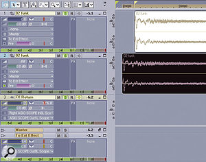 In this screen, Track 1 is the original drum track. Track 2 is a 'clone' of Track 1, but has a pre-fader send control that feeds the buss going to the external effect. Because this track will be shifted ahead in time to compensate for latency, its volume is turned down so you don't hear the track itself in the mix. In the buss pane, note the 'To Ext Effect' track, which is set to the ASIO driver that feeds the analogue output. Finally, Track 3 is the effect return track, with its input set to the ASIO driver that's patched to the analogue input, and therefore receives the external effect output.