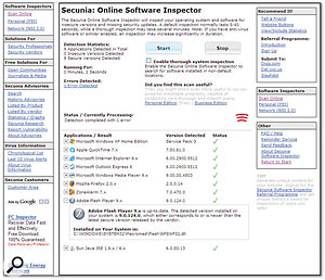 Secunia's Software Inspector will check that all the common components of your operating system, browsers, email clients and media players are secure and up-to-date versions.