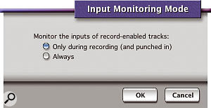 The Input Monitoring Mode dialogue with four options is the one you see if you're using a separate audio interface. The simpler dialogue is the one that appears if you're using the Mac's built-in hardware.