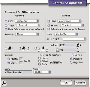 The Control Assignment dialogue box for a button control element, in this case a 'two-state' button which sends MIDI Continuous Controller 72 data to a Powerbook connected via a MIDI interface.