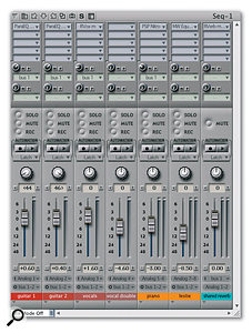 Traditional 'send and return' effects architectures, whereby a single effects processor treat several tracks simultaneously, are easy to set up in DP, and are very processor-efficient. Here the aux track (at far right) is being fed audio via the sends of the audio tracks to the left. 