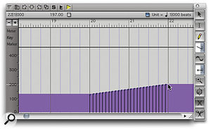 Entering tempo data in the MIDI Graphic Editor window, with the Tools palette 'docked' on its right. Note the location and tempo information at the top left of the window. This constantly updates as you move the mouse pointer, allowing a high degree of accuracy if you're working graphically.