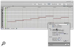 The Strength option allows you to improve sloppy timing without having to align notes exactly with the quantise grid. It's a great way of tightening up your rhythm without destroying its 'feel'. In these grabs we see the result of quantising a sloppily played piano part (top) with 65 percent strength (bottom).