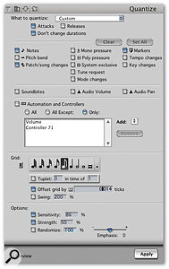 Who said quantise was just for MIDI notes? DP lets you quantise every kind of sequence event (except loops, actually) via the Quantize window's 'Custom' view.