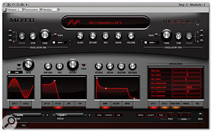 Modulo is a cut-down version of MOTU's stand-alone MX4 synth and is the most complex and flexible of the new bundled instruments. Note the modulation matrix at the lower right of its window, here showing the modulation destinations for LFO1.