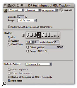 Digital Performer's real-time MIDI effect plug-ins can work on pre-recorded tracks or a live input. Several, including this highly configurable arpeggiator, are very inspiring to work with.