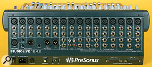 You need more than a glance at the rear panel to take in the extent of the connectivity on offer in the Studio Live. Not only do you get 16 mic pres, but also inserts and direct outs on every channel, Firewire interfacing for your PC or Mac, and various additional outputs for control‑room and monitoring duties.