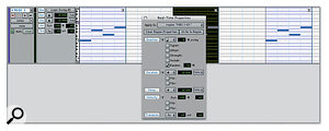 The new Real-Time Properties Edit View section and window enable you to set various properties to process MIDI data in real time on MIDI and Instrument tracks. Here you can see that the first and third MIDI Regions are affected by the track settings (as indicated by the 'T' icon in the upper right-hand corner) while the middle Region is affected by the properties in the window (as indicated by the 'R' icon).