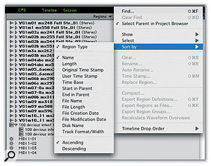 There is now one consolidated Region List for audio, MIDI and Group Regions, and the newly organised Region menu enables you to sort the List to make it more manageable.