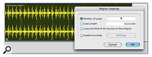 Region Looping makes it easy to work with audio and MIDI loops in Pro Tools, as shown by this looped Region Group that started life as an imported REX file. Looped Regions are identified with a 'looped' icon in the bottom-right corner of a Region.