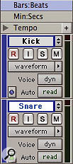 The kick track is sample-based (clock icon), but the snare track is tick-based (metronome icon).