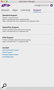 The Support tab tells me which of Avid’s support options are open to me, and provides helpful direct links.