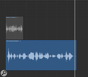 Pads from spoken word 2: Use whatever time-stretching tools you have to stretch the clip to three or four times its original length. Don’t worry about processing artifacts; they’ll sound obvious at this stage, but we’ll address that later.