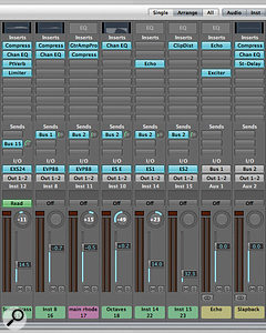 There are few hard and fast rules for using effects in a mix. This Logic mix (above) has lit sends showing multiple tracks routed to the same bus. The bus channel provides the effects for all the individual tracks sent to it. This is often expressed as using 'common' or 'global' effects, and it can produce a more cohesive-sounding mix.