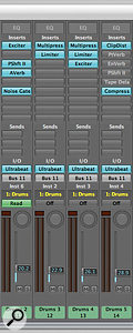 In this mix window shown above, separate effects (shown as inserts) are used for each individual track. Using effects in this way can give you greater control over the way in which each track interacts with its effects.