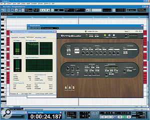 CPU meters don't always agree, but this doesn't mean that anything is necessarily wrong: here Cubase 4 is running a heavy‑duty soft synth that consumes almost 100 percent of a single core of this dual‑core PC. The high Cubase ASIO meter reading (bottom left) simply indicates that one or more cores is approaching its limit, as also seen in Windows' Task Manager, which still shows an average CPU Usage of just 40 percent.