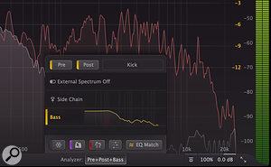 Screen 2: You can then select the internal or side-chain signal inside Pro‑Q 3 in the Analyzer section at the bottom of the GUI.