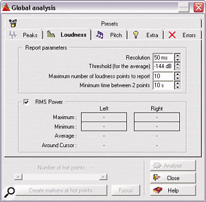 Wavelab's Global Analysis function can be used to measure average RMS power for determing the level of background noise on a soundcard.