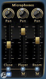 QL Piano's simple microphone mixer allows you to easily blend and pan the selection of close, player perspective and room mics.