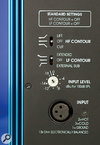 The rear of the Quested VS2108 monitor speaker is as uncluttered as the rest of the design. The HF and LF equaliser switches allow you to roll off either end of the frequency spectrum, and with the LF equaliser switched out (no roll-off), the system is still protected by a subsonic filter that introduces a 12dB/octave slope below 27Hz.