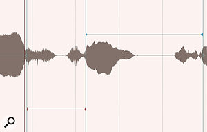 When dragging Stretch Markers, the colour of the markers (red, blue or grey) denotes whether the audio has been stretched, compressed or left intact.