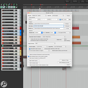 The Render dialogue setup to export stems.