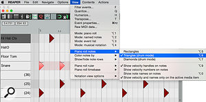 3: ...but Reaper offers many more options for customising the GUI of the MIDI editor, including representing notes as triangles, and the possibility of displaying the velocity next to each note.