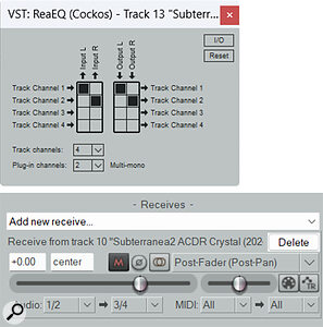 Increasing the track’s channel count to 4 (left), and adding a ‘receive’ from the hi‑hats to the track’s internal channels 3+4